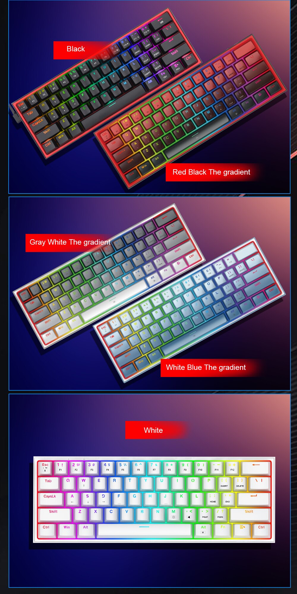 REDRAGON Fizz K617 RGB Mini USB Teclado Com Fio Teclado Gaming Mec&acirc;nico Interruptor Vermelho 61 Chave Gamer para PC Computador Port&aacute;til destac&aacute;vel cabo