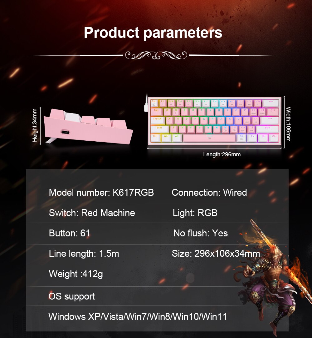 REDRAGON Fizz K617 RGB Mini USB Teclado Com Fio Teclado Gaming Mec&acirc;nico Interruptor Vermelho 61 Chave Gamer para PC Computador Port&aacute;til destac&aacute;vel cabo