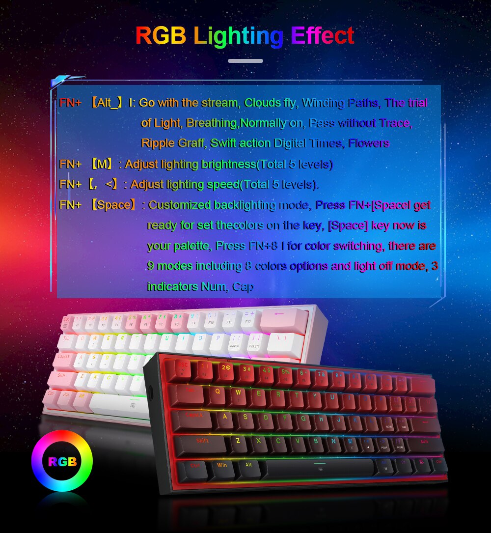 REDRAGON Fizz K617 RGB Mini USB Teclado Com Fio Teclado Gaming Mec&acirc;nico Interruptor Vermelho 61 Chave Gamer para PC Computador Port&aacute;til destac&aacute;vel cabo