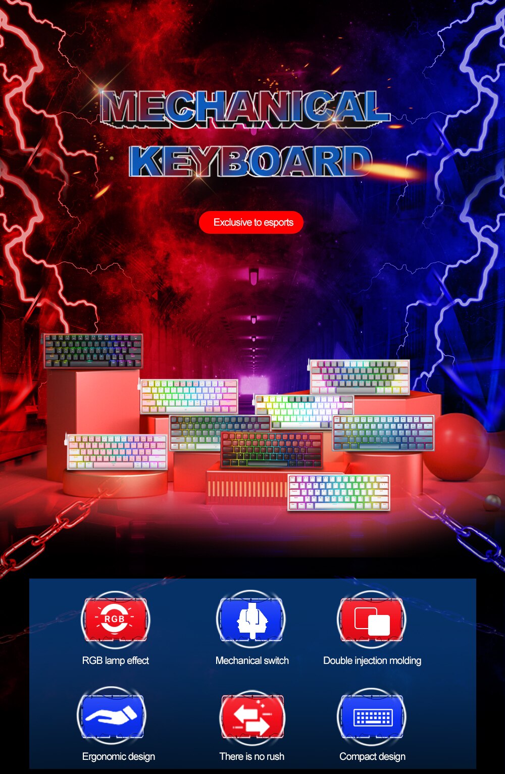 REDRAGON Fizz K617 RGB Mini USB Teclado Com Fio Teclado Gaming Mec&acirc;nico Interruptor Vermelho 61 Chave Gamer para PC Computador Port&aacute;til destac&aacute;vel cabo