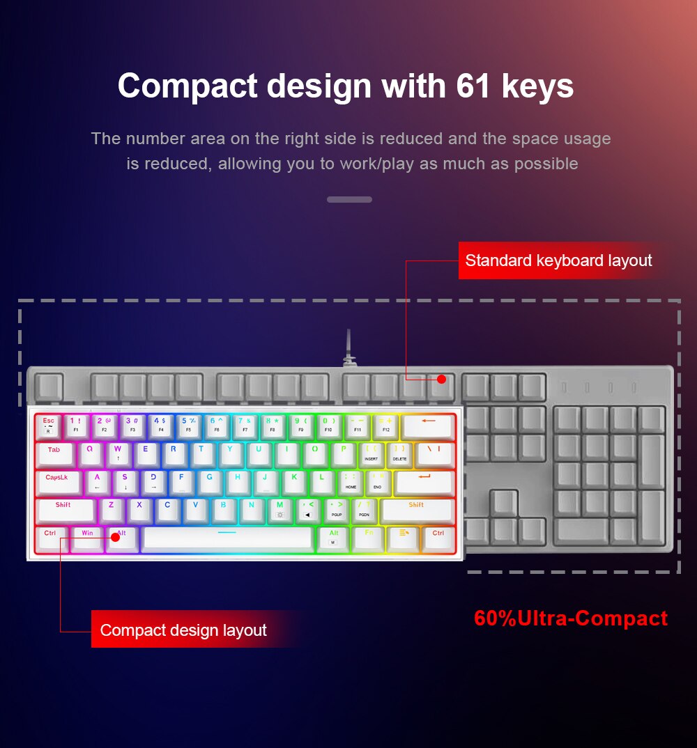 REDRAGON Fizz K617 RGB Mini USB Teclado Com Fio Teclado Gaming Mec&acirc;nico Interruptor Vermelho 61 Chave Gamer para PC Computador Port&aacute;til destac&aacute;vel cabo