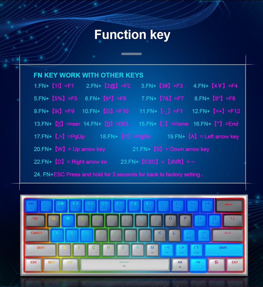 REDRAGON Fizz K617 RGB Mini USB Teclado Com Fio Teclado Gaming Mec&acirc;nico Interruptor Vermelho 61 Chave Gamer para PC Computador Port&aacute;til destac&aacute;vel cabo