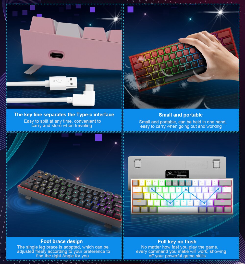 REDRAGON Fizz K617 RGB Mini USB Teclado Com Fio Teclado Gaming Mec&acirc;nico Interruptor Vermelho 61 Chave Gamer para PC Computador Port&aacute;til destac&aacute;vel cabo