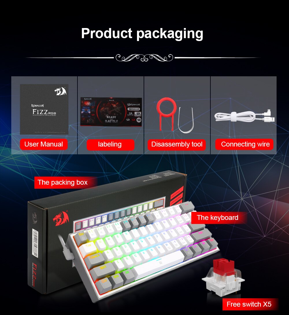 REDRAGON Fizz K617 RGB Mini USB Teclado Com Fio Teclado Gaming Mec&acirc;nico Interruptor Vermelho 61 Chave Gamer para PC Computador Port&aacute;til destac&aacute;vel cabo