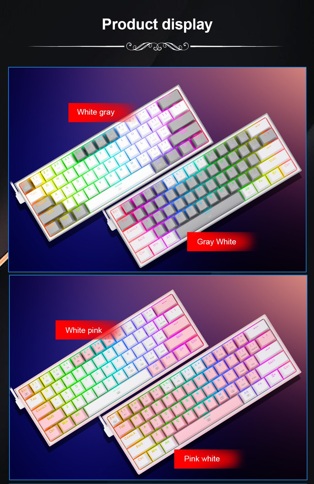 REDRAGON Fizz K617 RGB Mini USB Teclado Com Fio Teclado Gaming Mec&acirc;nico Interruptor Vermelho 61 Chave Gamer para PC Computador Port&aacute;til destac&aacute;vel cabo